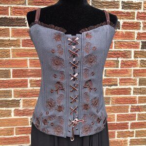 NY&Co Lace-Up Corset Top Embroidered Brown Plaid Bustier Size L